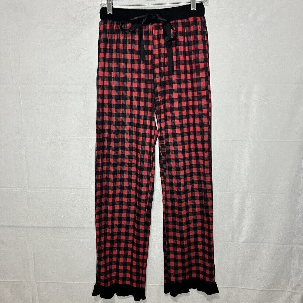 Simply Southern Pajama Pants Red Black Check Lounge Ruffle Hem Sz M (28x29)